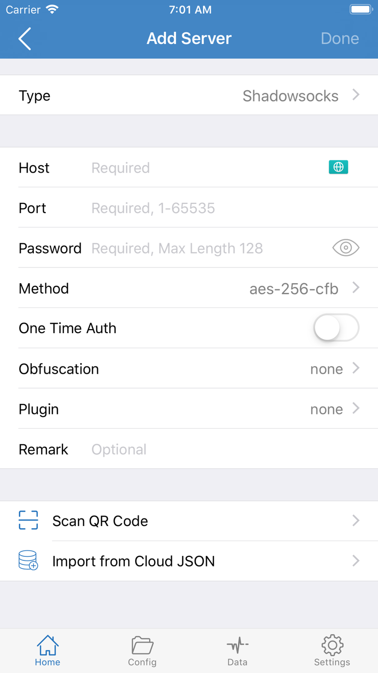 ShadowrocketのAdd Server公式スクリーンショット。Type、Host、Port、Password、Methodと画面下部のインポート項目を表示