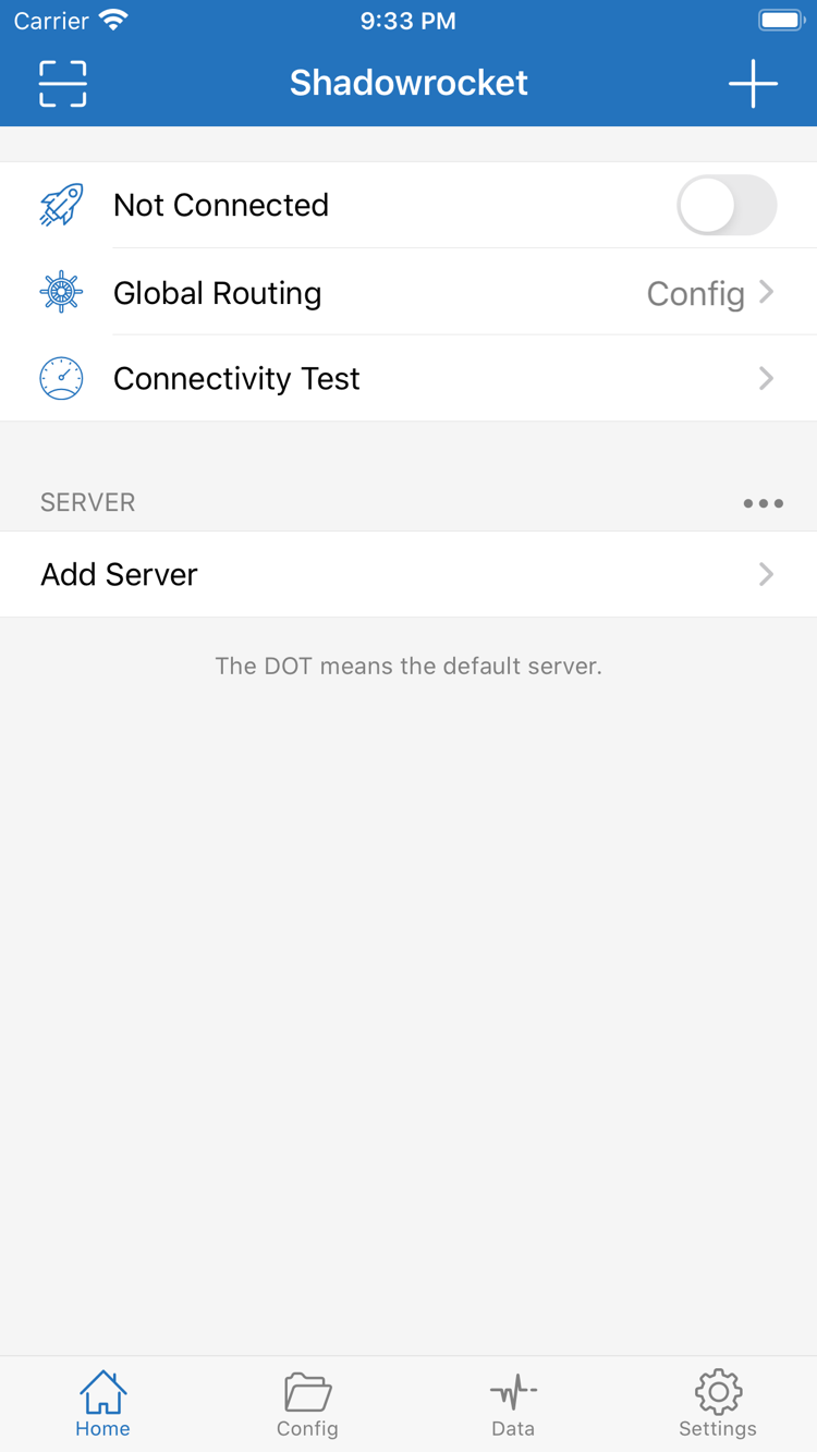 ShadowrocketのHome公式スクリーンショット。上部にNot Connectedの接続スイッチ、Global Routing、Connectivity Test、下部にSERVERとAdd Serverを表示